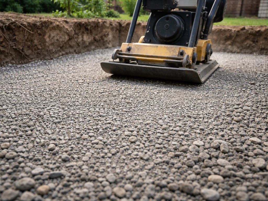 Plate compactor compacting excavated patio base gravel in lifts at a house worksite