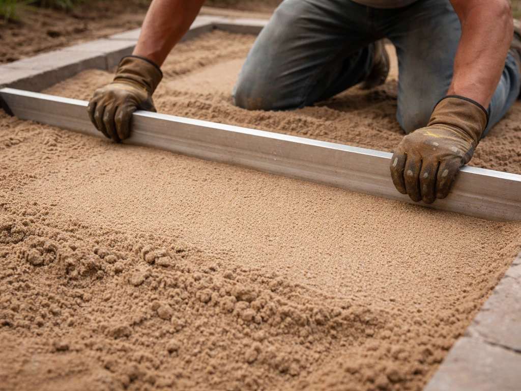 Gloved hands level coarse bedding sand with a straight screed board to a uniform depth.