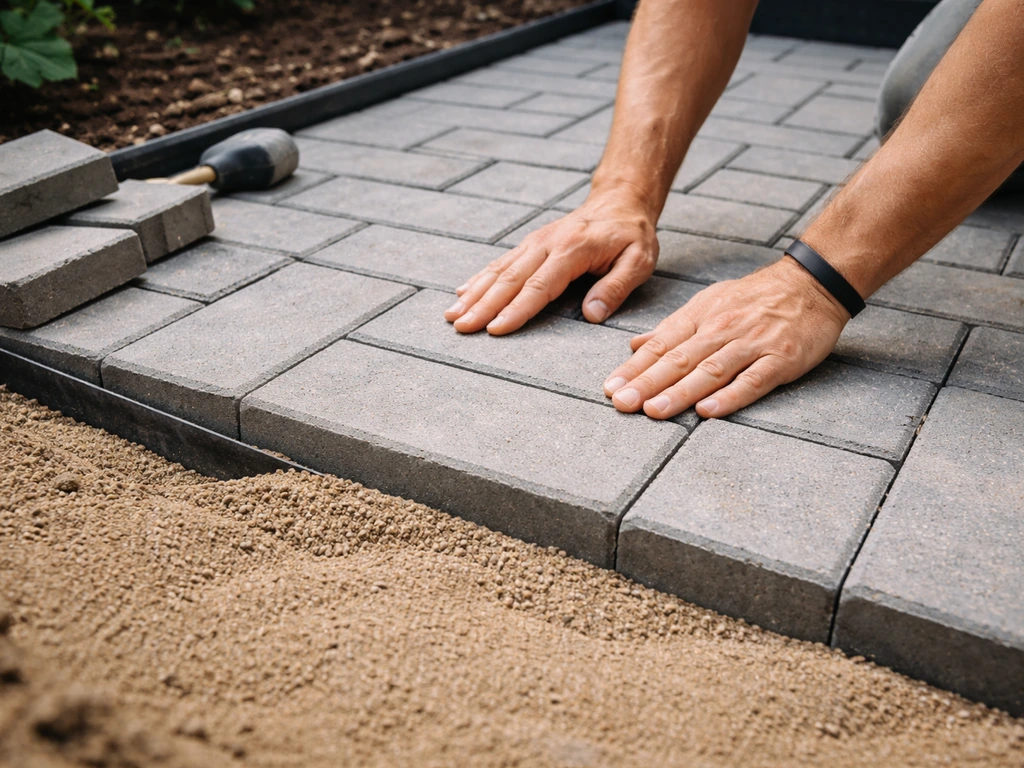 Hands press a paver into screeded sand as patio pavers align in a running-bond pattern against edging.