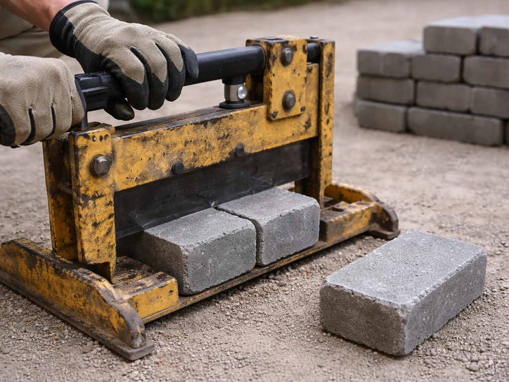 Gloved hands using a guillotine paver splitter to cut a concrete block paver for patio fit.