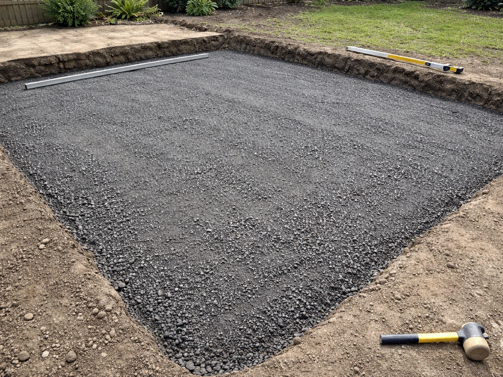 Excavated patio base with compacted MOT Type 1 gravel and level-check tools, ready for paving.