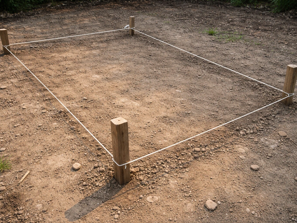 Timber pegs with builder’s line marking out a patio layout on bare ground.