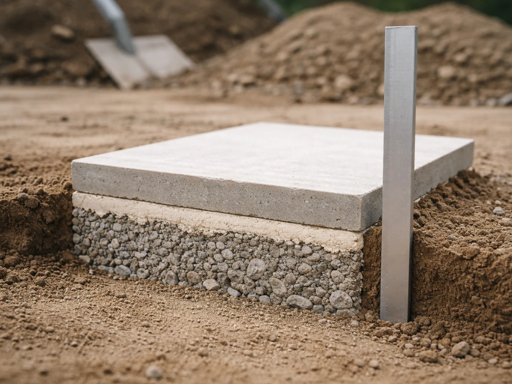 Minimal excavation cross-section view showing layered depths from sub-base to finished patio level