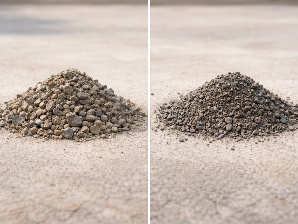 Close-up of two different patio sub-base aggregate piles showing texture differences side by side.