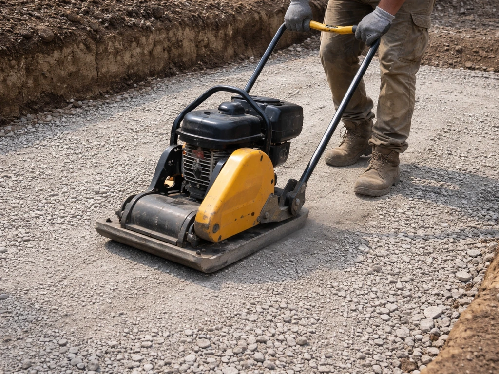 Hands and boots compacting layered MOT Type 1 sub-base with a vibrating plate compactor
