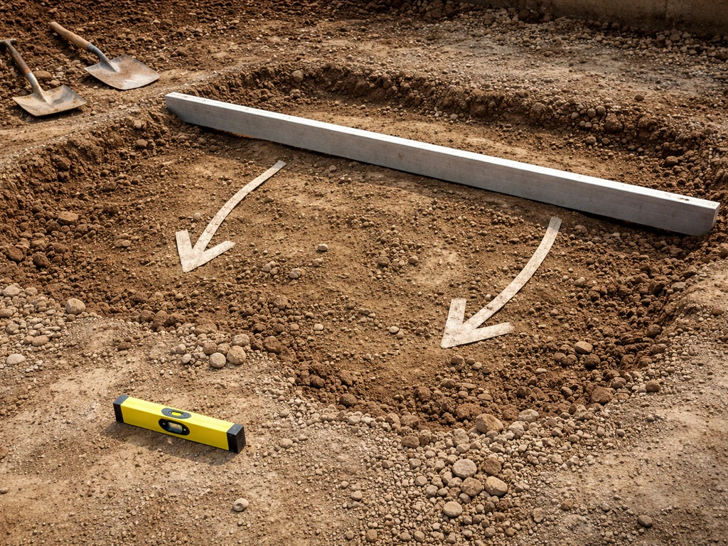 Construction sub-base showing uneven, too-shallow excavation with tools and a level guide in simple view