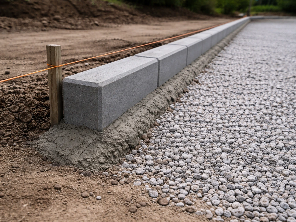 Concrete kerb edging installed and haunched beside gravel, with a string line guiding a level finish