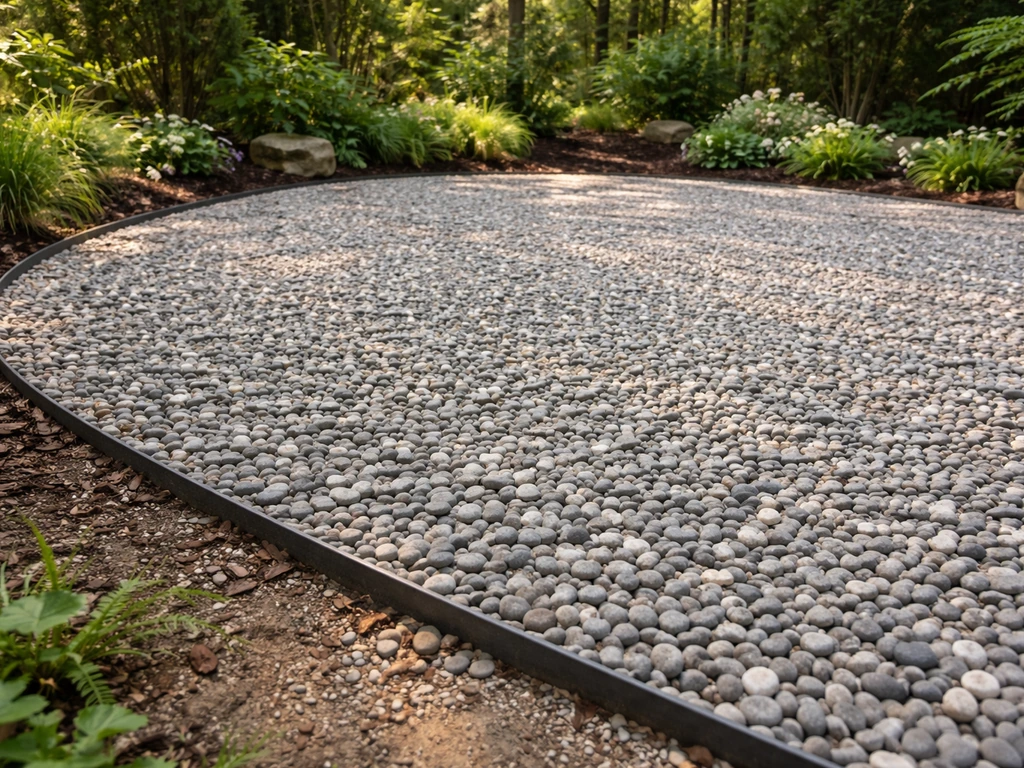 Angle view of a finished pebble patio with neat edging and textured gray pebbles in a garden.