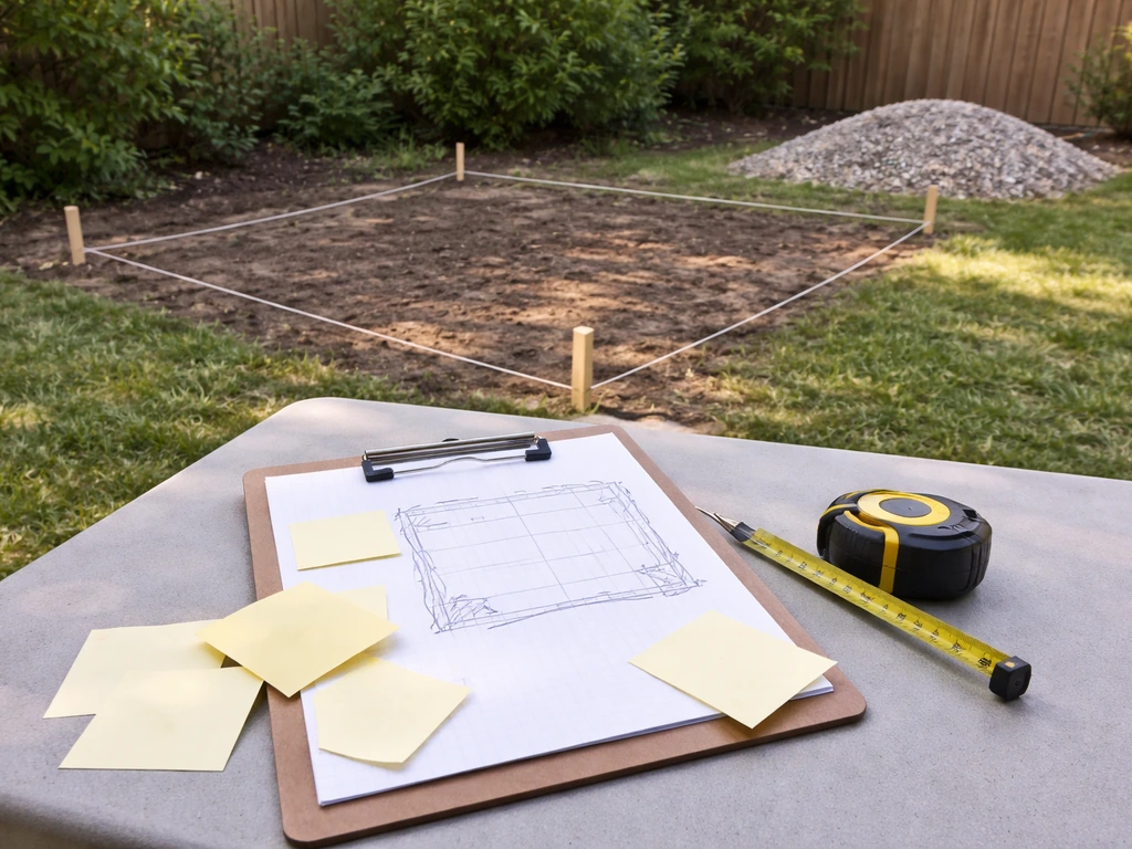 Homeowner measuring a small patio area with string pegs and a clipboard sketch on a clean outdoor work surface.