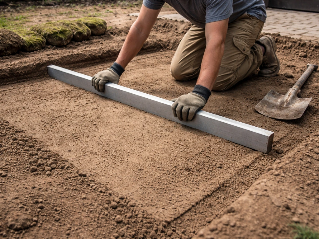Minimal photo of a worker’s gloved hands leveling an exposed sub-base after turf removal with a screed