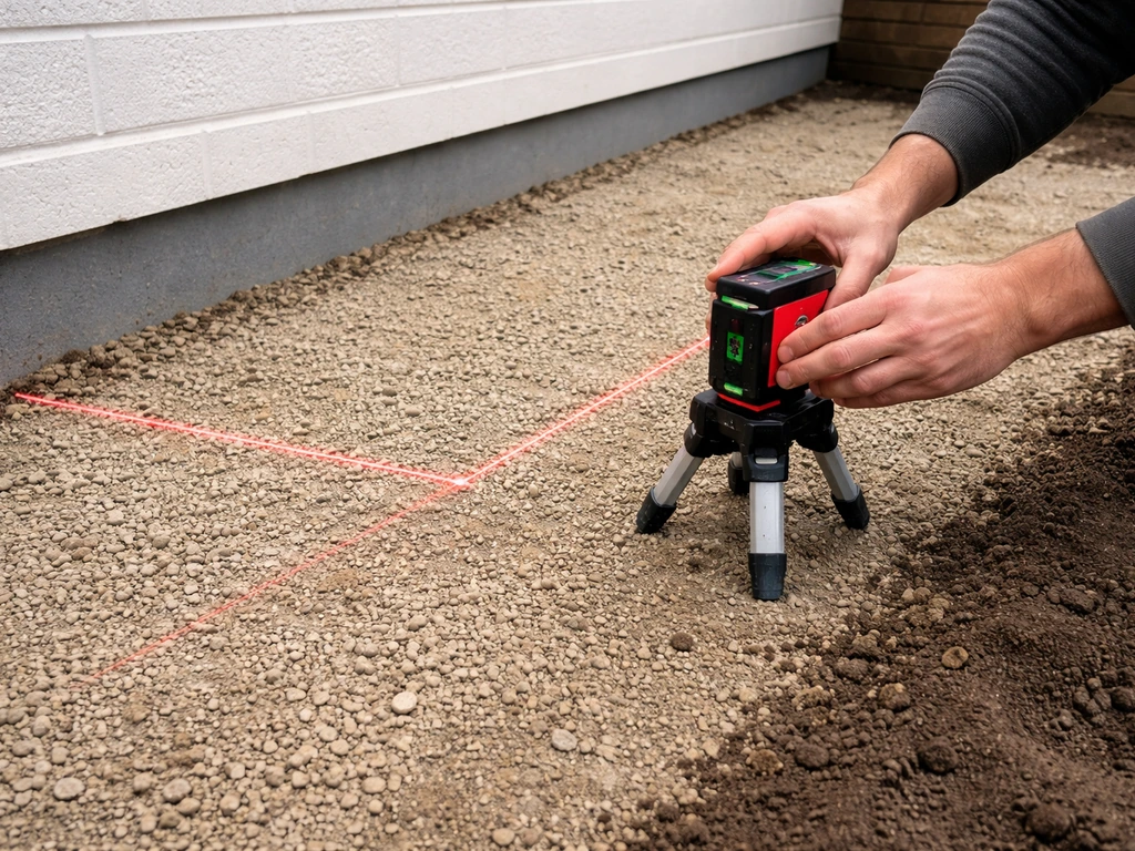 Laser level on compacted sub-base near a house line, showing subtle drainage fall for a pebble patio.