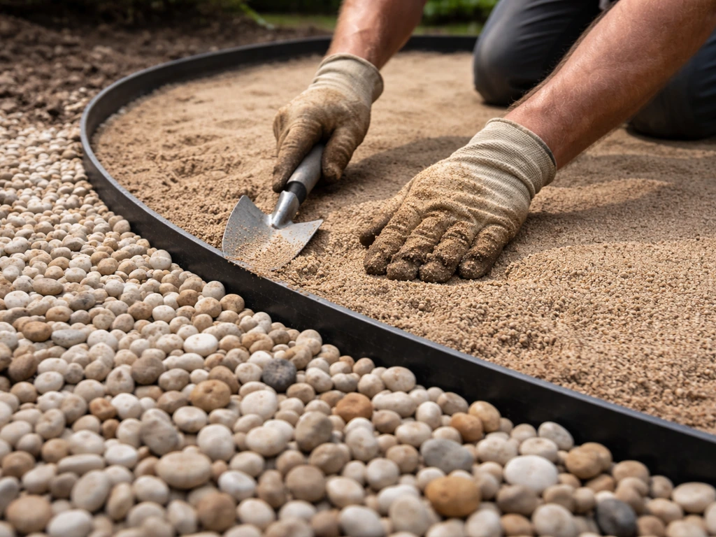 Worker spreading bedding sand and laying small pebbles up to garden edging around a base.
