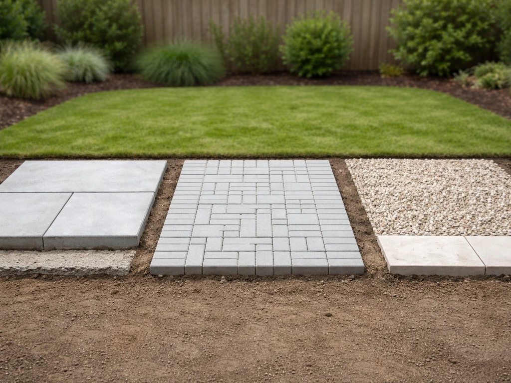 Minimal photo showing three separate patio surface material examples on a clean backyard hardscape.