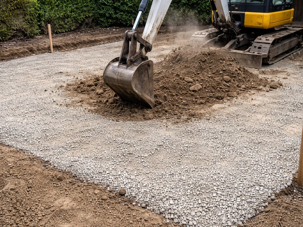 Worker using a small digger to excavate a patio area, with compacted crushed-stone subbase layers visible