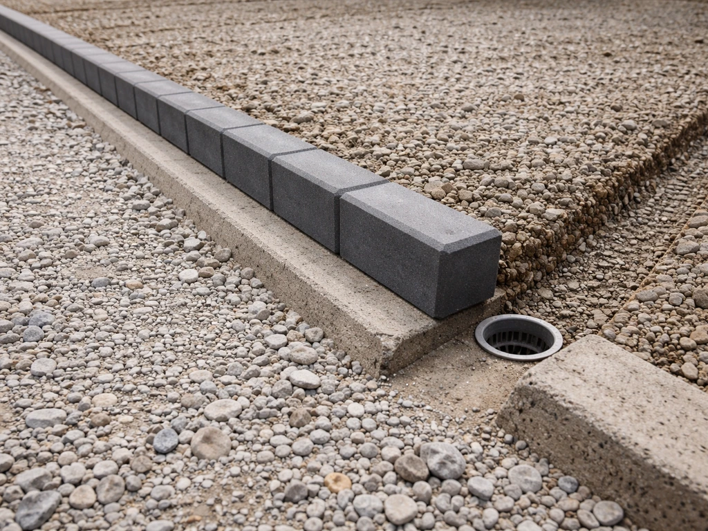 Concrete haunch edging restraint along a paving edge with a simple drainage channel and outlet direction.