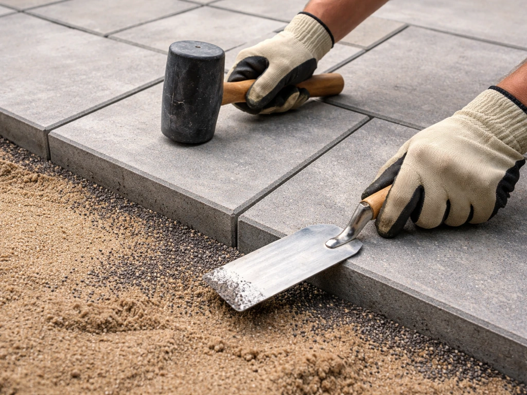Worker’s gloved hands level and finish patio slabs, then fill joints with polymeric sand near a tidy block grid.