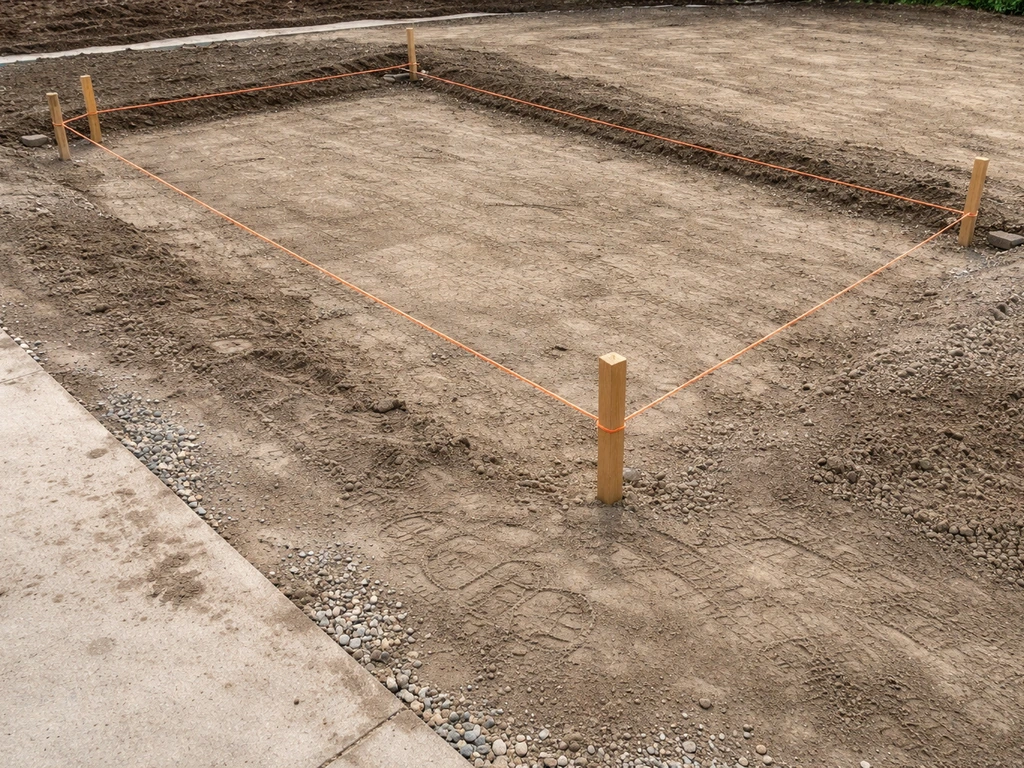 Patio footprint marked with stakes and string over a freshly graded, compacted base with drainage slope.