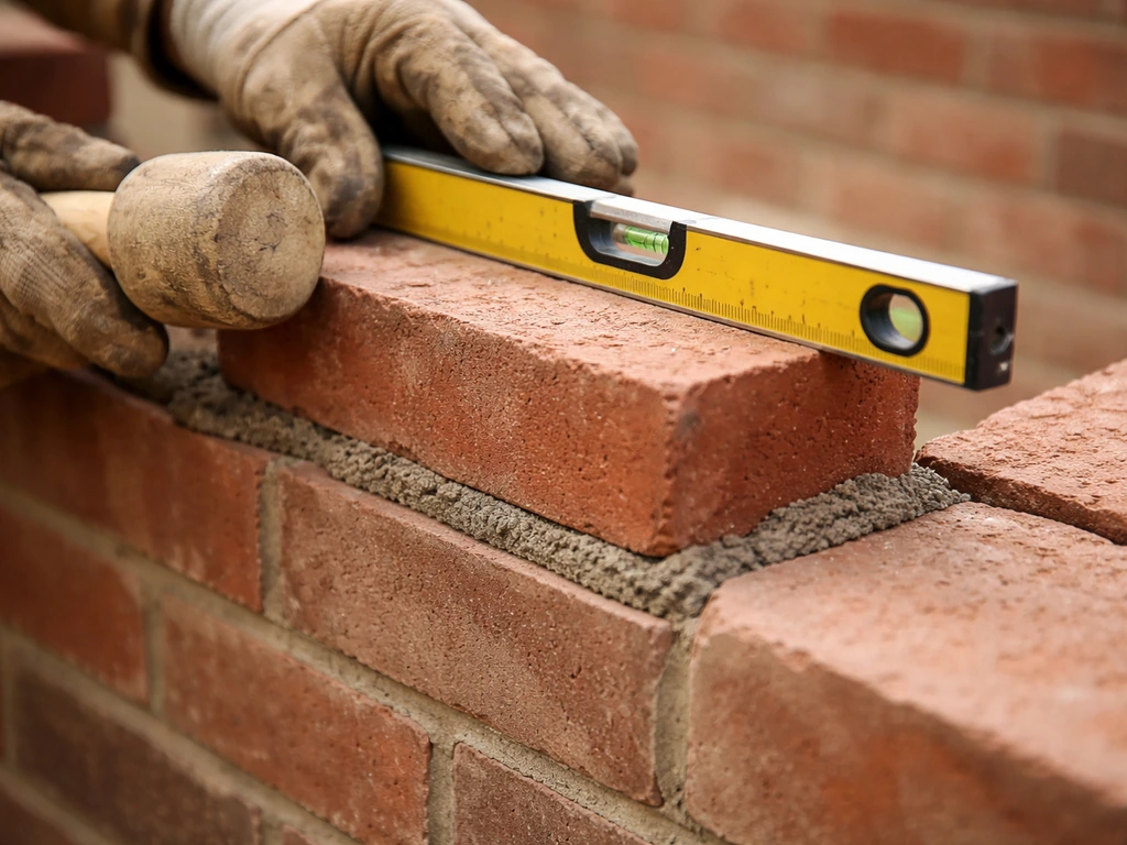 Gloved hands set and tap a brick in mortar while a spirit level checks it’s level.