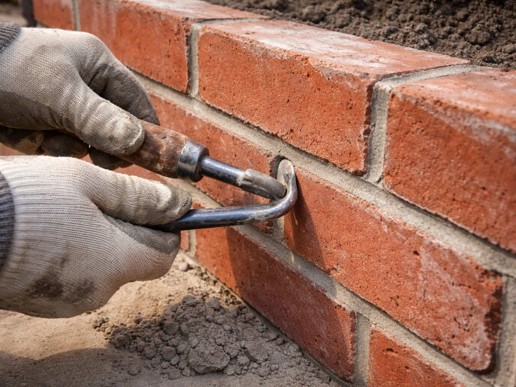 Gloved hands tool fresh mortar joints on a brick wall and scrape away excess mortar during cleanup.