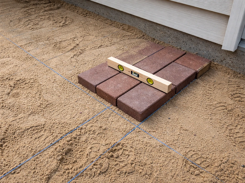 Chalk grid lines in sand with the first bricks set in a patio corner and checked for level.