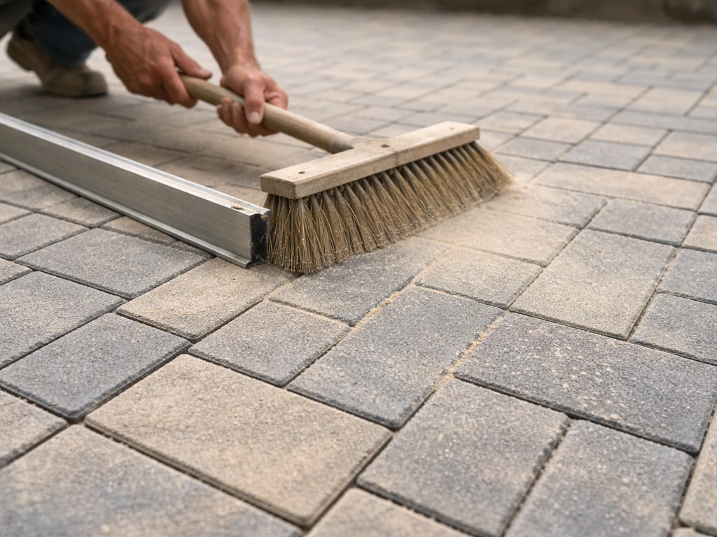 Hands and a broom sweeping polymeric joint sand into patio brick joints while checking with a level