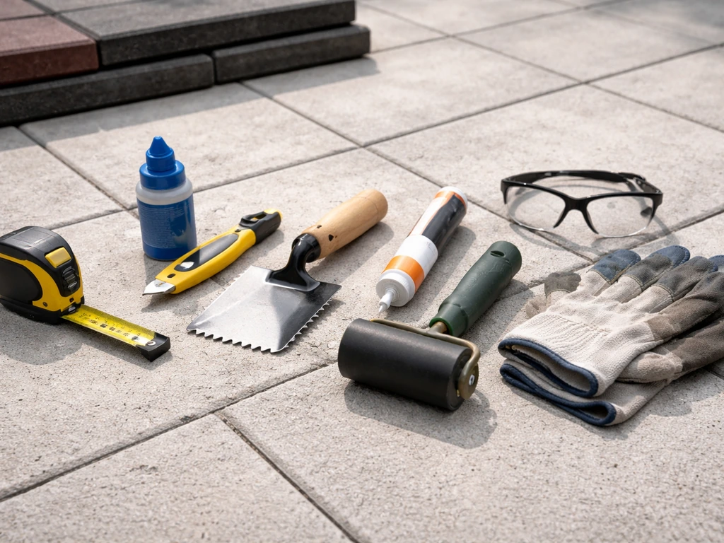 Spread-out DIY tools and safety gear on a patio surface for rubber tile installation.