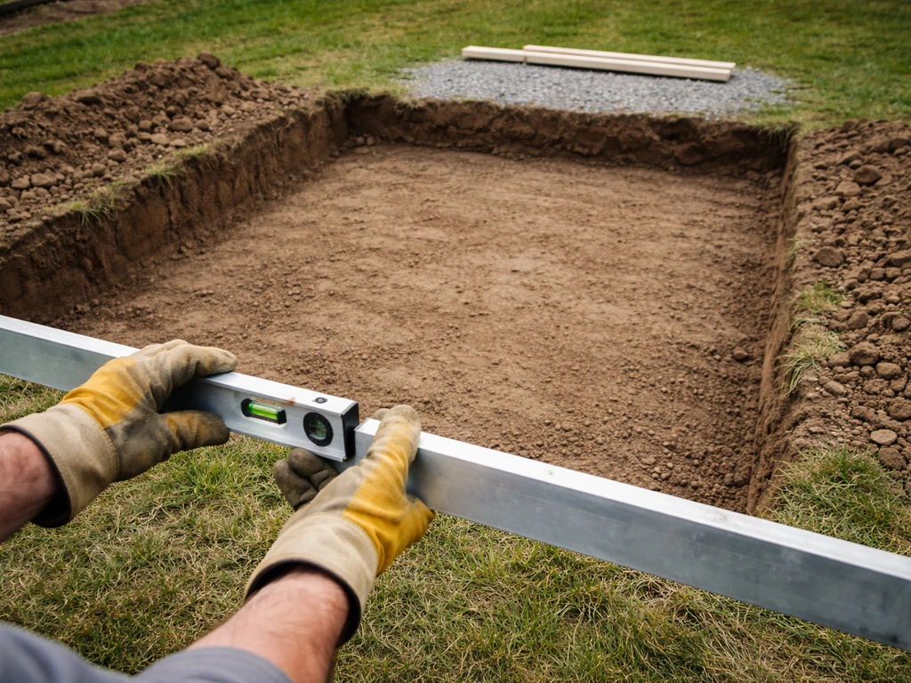 Excavated bare-soil subgrade being leveled with a hand level beside removed grass.