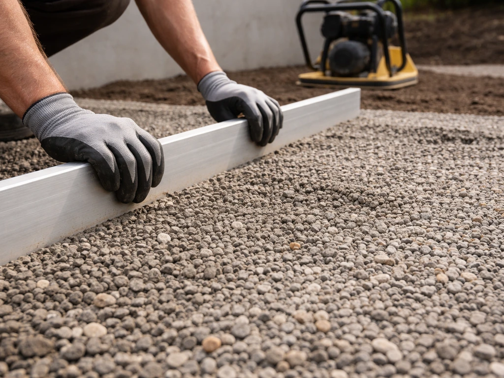 Gloved hands level a compactable gravel base with a straight board and preparing for compaction.