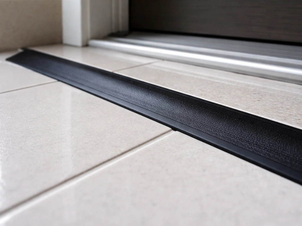 Close-up of a rubber transition strip and tiled surface meeting at a doorstep curb edge