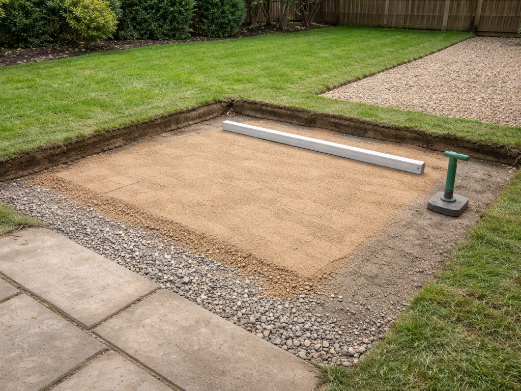 UK backyard garden patio area being excavated with fresh sub-base gravel set for patio slab bedding
