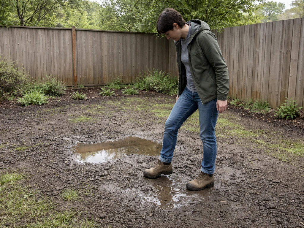 Homeowner in muddy yard walks and inspects soil after rain near small puddles and damp ground.