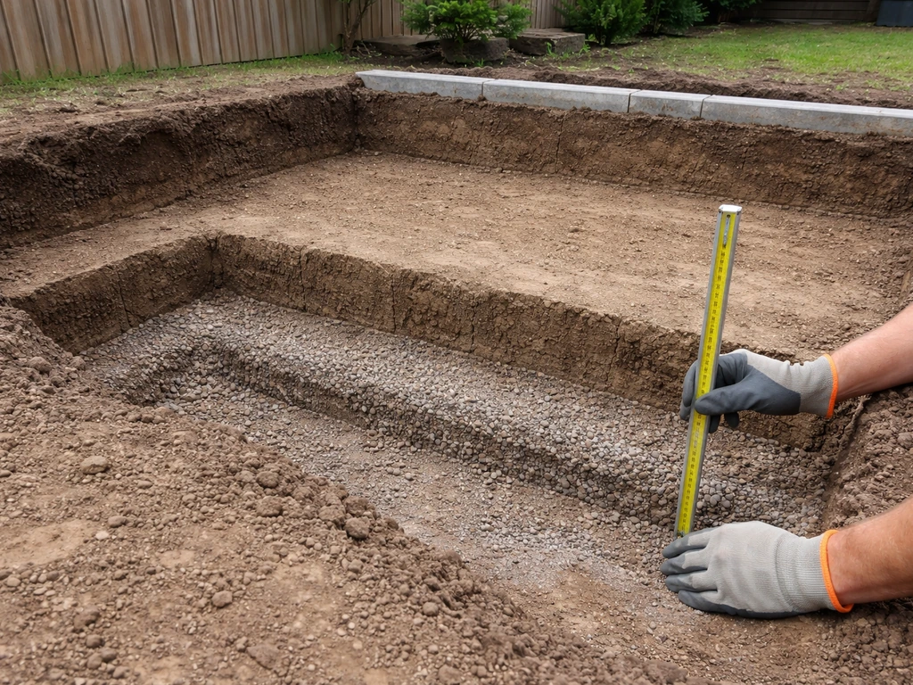 Proper patio excavation with stripped turf, neat edges, and a depth check showing sub-base layers.