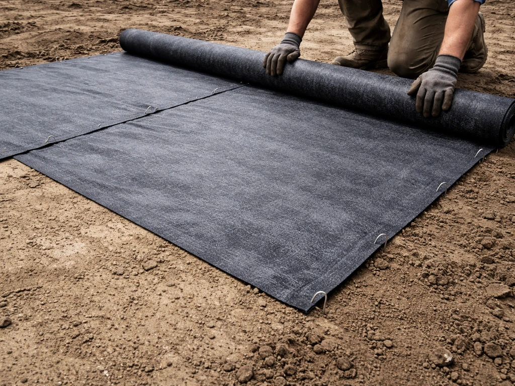 Hands laying a geotextile membrane across prepared muddy ground with overlaps pinned before sub-base.