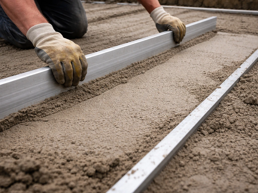 Gloved hands screeding wet bedding mix flat for patio slabs with a straightedge, ready for paving