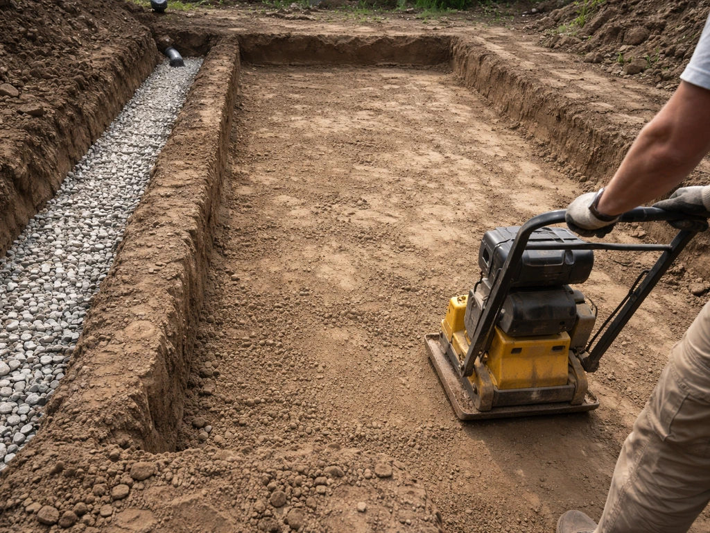 Worker’s hand tool tamping compacted soil beside a freshly excavated trench with drainage stones.