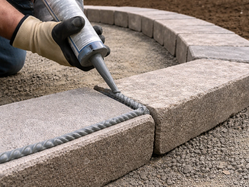 Close-up of gloved hands applying landscape block adhesive between stacked patio blocks along a gentle curve.