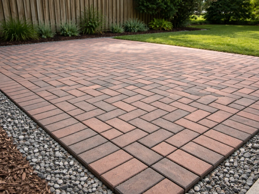 Finished brick patio deck with a clean running-bond pattern and crisp edging in a backyard.