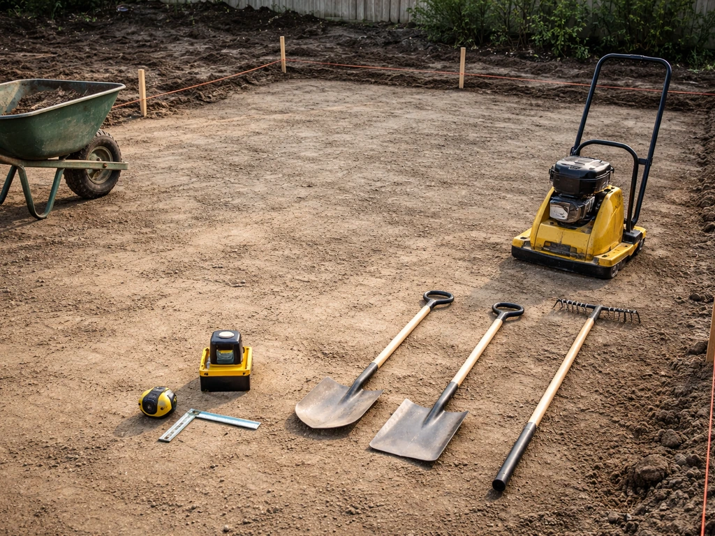 Landscaping tools laid out on the ground: stakes, string, level, tape, shovel, wheelbarrow, and plate compactor.