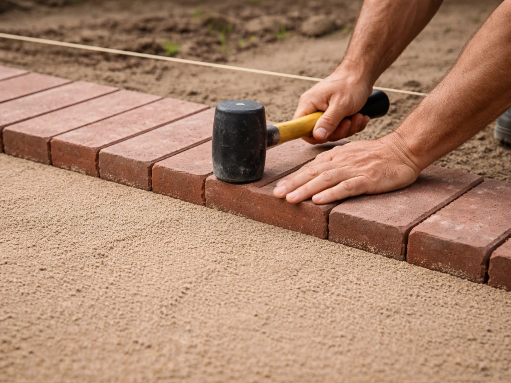 Hands tapping brick pavers into a screeded sand bed for a stable patio, aligned with a string line.