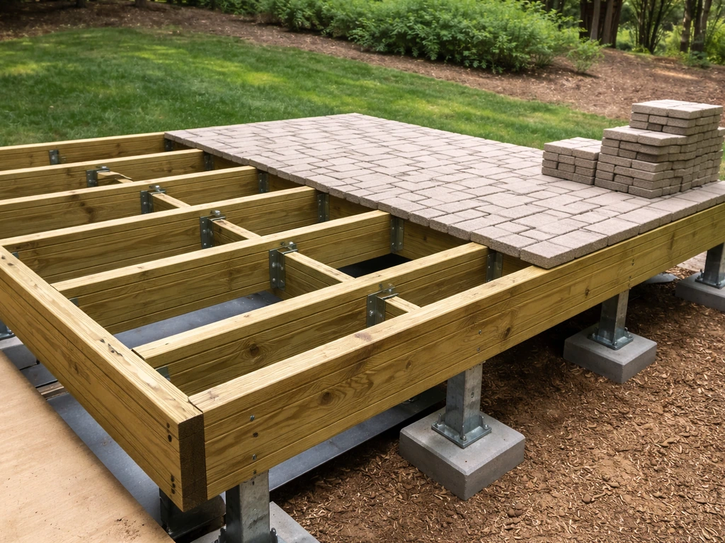 Raised deck-style patio frame with joists on supports and brick pavers prepared above the deck layer