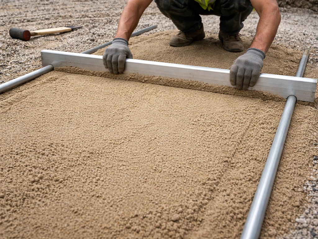 Worker spreads and levels coarse concrete sand to form a uniform 1-inch bed using screed rails.