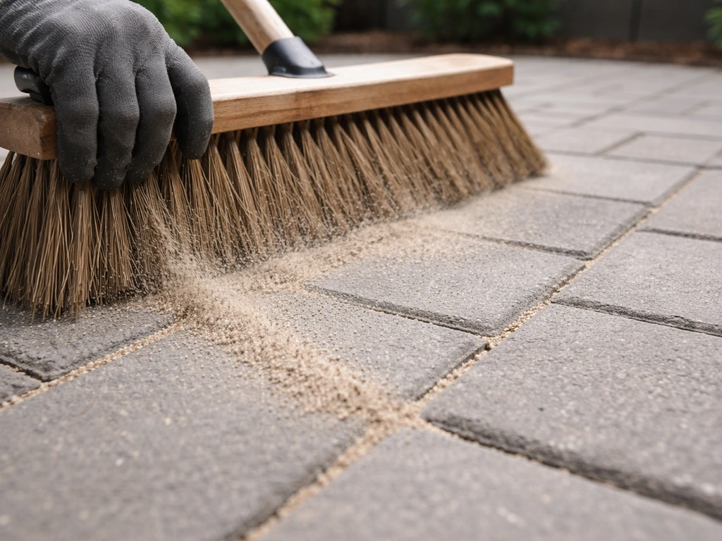 Gloved hand sweeping polymeric sand into joints between set pavers on an outdoor patio