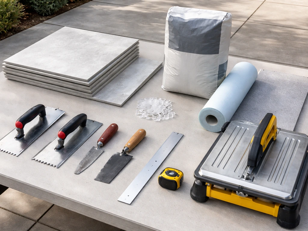 Porcelain tile, exterior thinset, backer board, and wet-saw tools laid out for a patio table top
