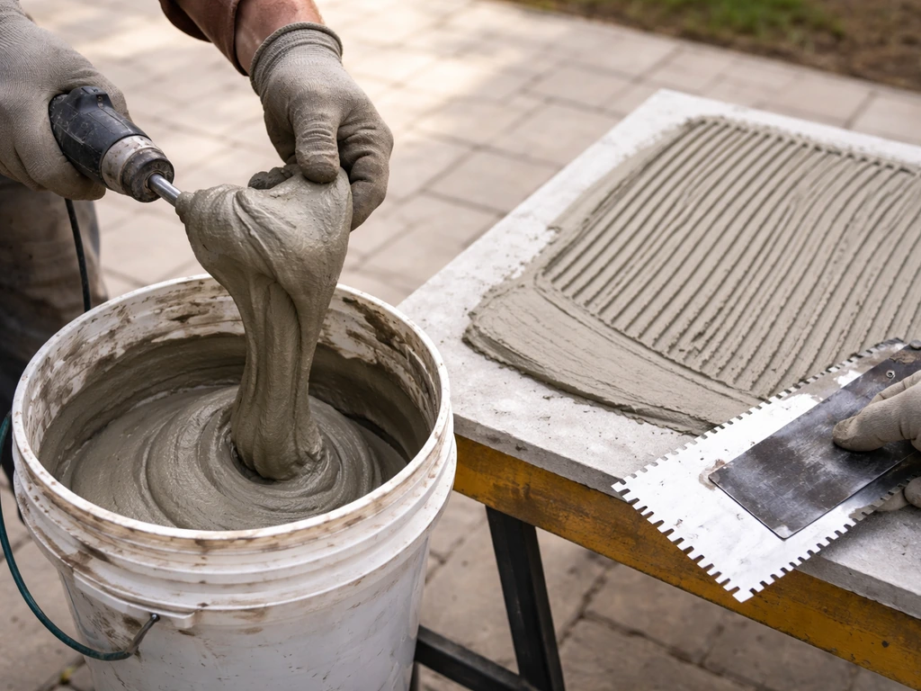 Worker mixing and trowel-applying exterior-rated thinset mortar on a backer board for outdoor tile