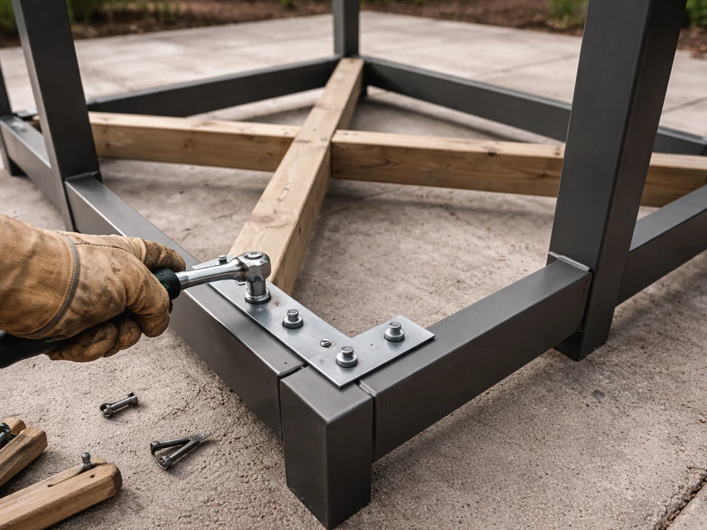 Close-up of patio table frame with diagonal corner bracing and cross-bracing being tightened to prevent wobble.