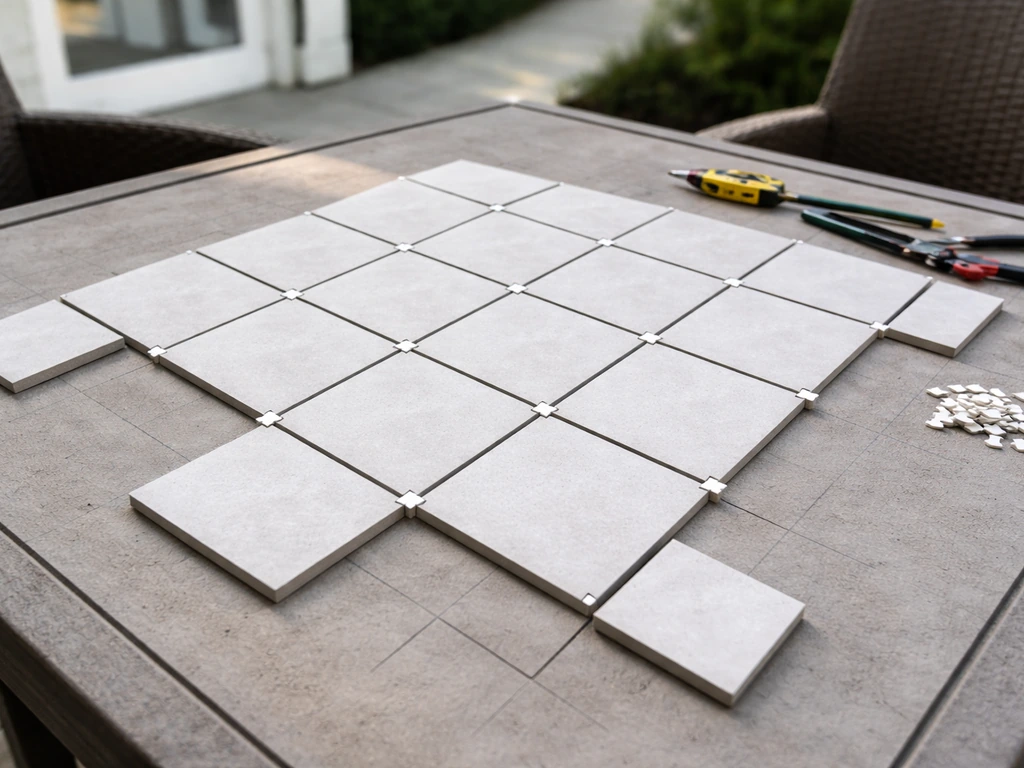 Dry-laid ceramic tiles with spacers on a patio table, centered symmetrical layout and visible cut marks.