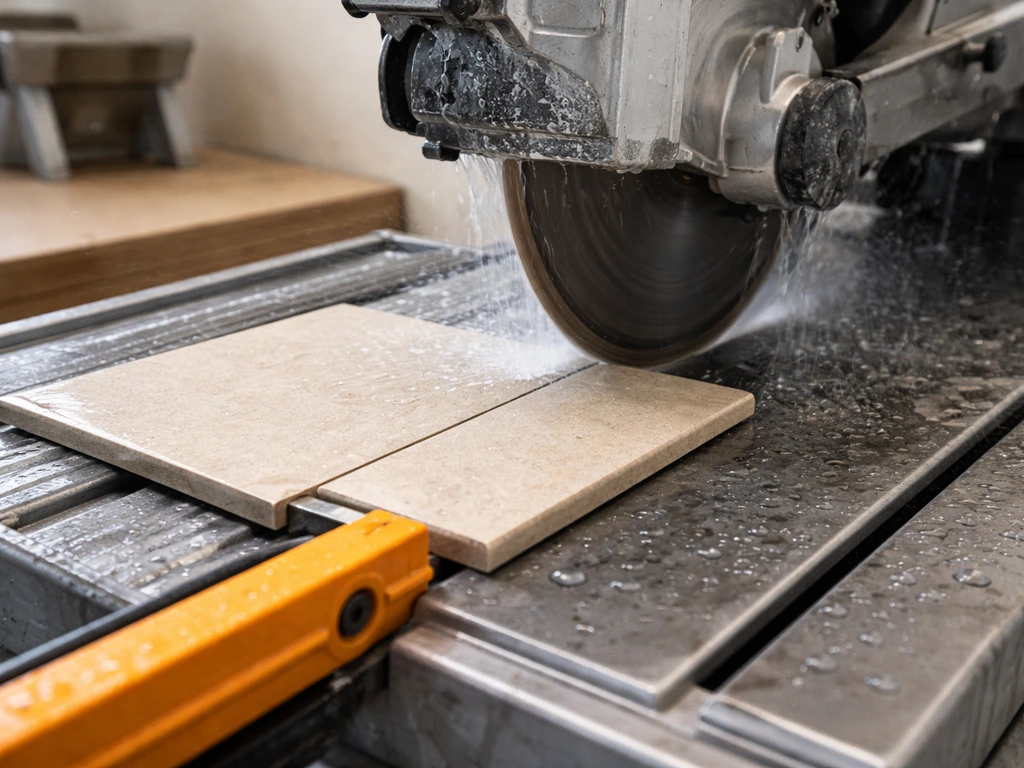 Wet tile saw cutting a single ceramic tile, water mist visible, tile aligned for a precise edge cut.