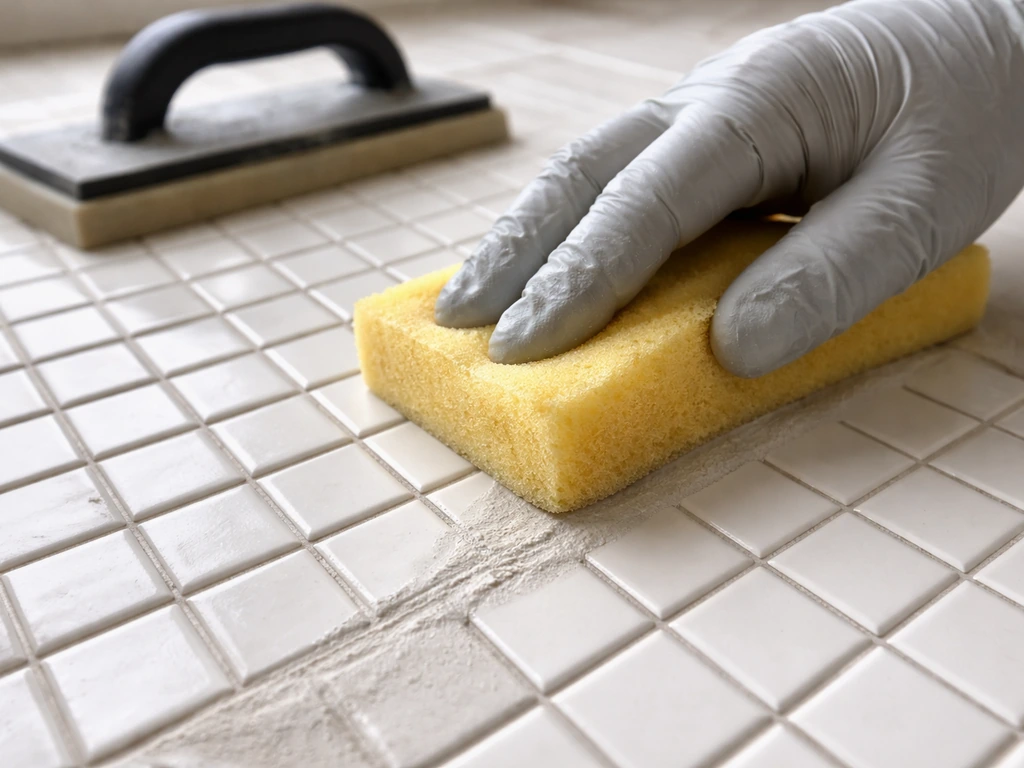 Gloved hand applies grout with a float, then wipes tiles diagonally with a damp sponge to remove haze.