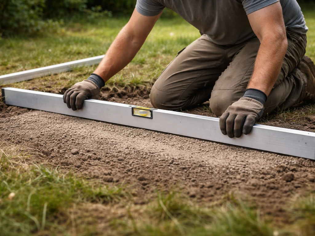 A person measuring patio ground slope using a long straight edge and spirit level on dirt and grass.