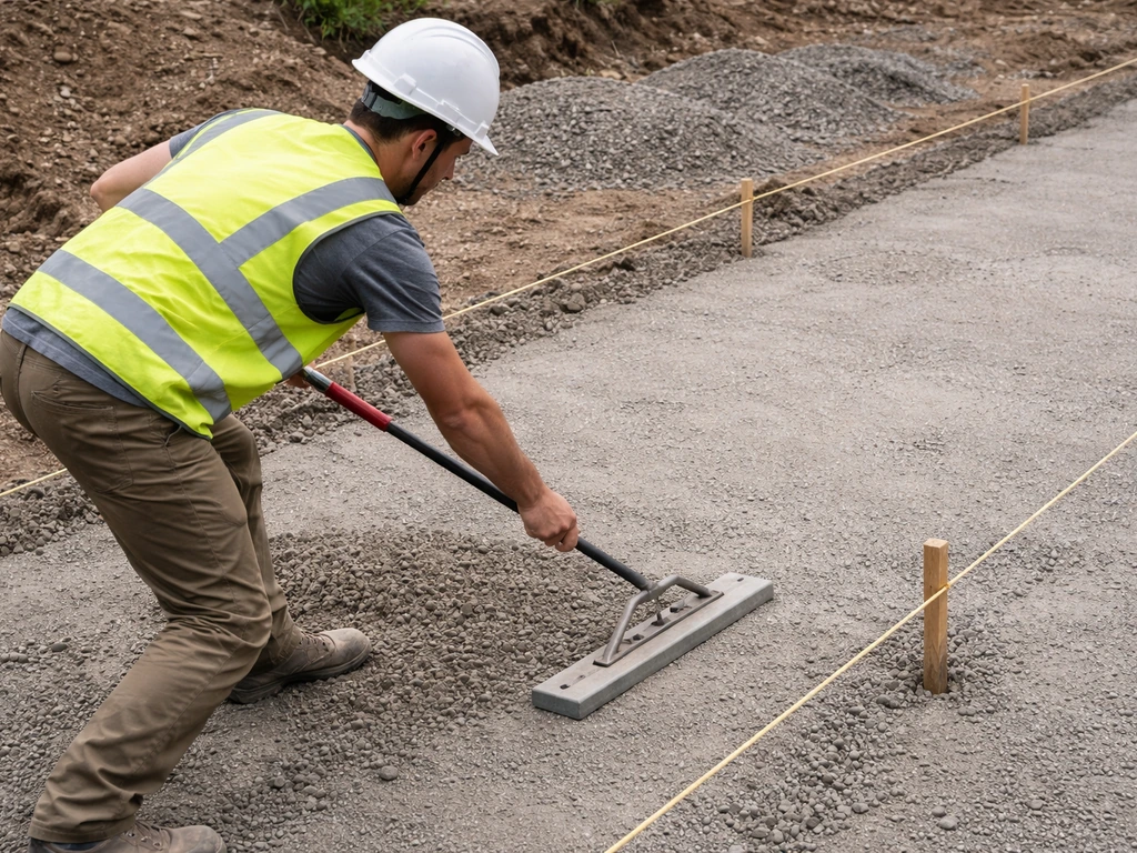Worker leveling and compacting sub-base on a sloped patio with taut string lines marking depth.